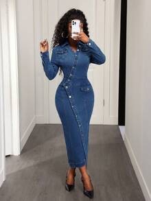BamGleam Váy denim ôm sát xẻ tà cài nút dành cho nữ - Rửa tối - Xem 6