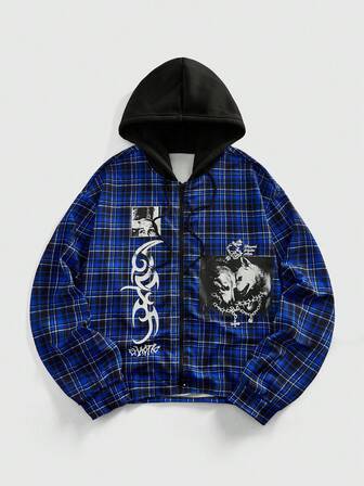 Street Life sweat-shirt à capuche zippé pour hommes avec imprimé à carreaux contrastés et figuratif