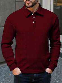 Manfinity Mode Áo Polo dài tay màu trơn cỡ lớn dành cho nam, Áo Polo dệt kim nam có cúc cài, Áo Polo cổ bẻ dài tay màu đỏ tía cho nam, Áo Polo dài tay màu đỏ tía cho nam, Áo Polo dệt kim màu đỏ tía cho nam, Áo Polo dệt kim có cúc cài cho nam. - Màu Đỏ Sâu - Xem 3