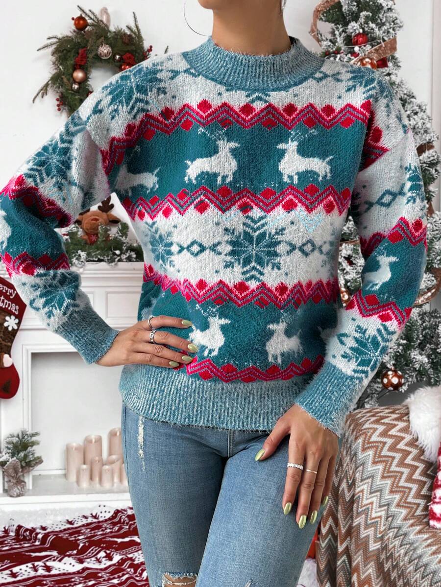 SHEIN LUNE Women's Casual Christmas Reindeer & Snowflake Patchwork Pattern Dropped Shoulder Loose Pullover Sweater, Autumn/Winter - Blue Power - View 1