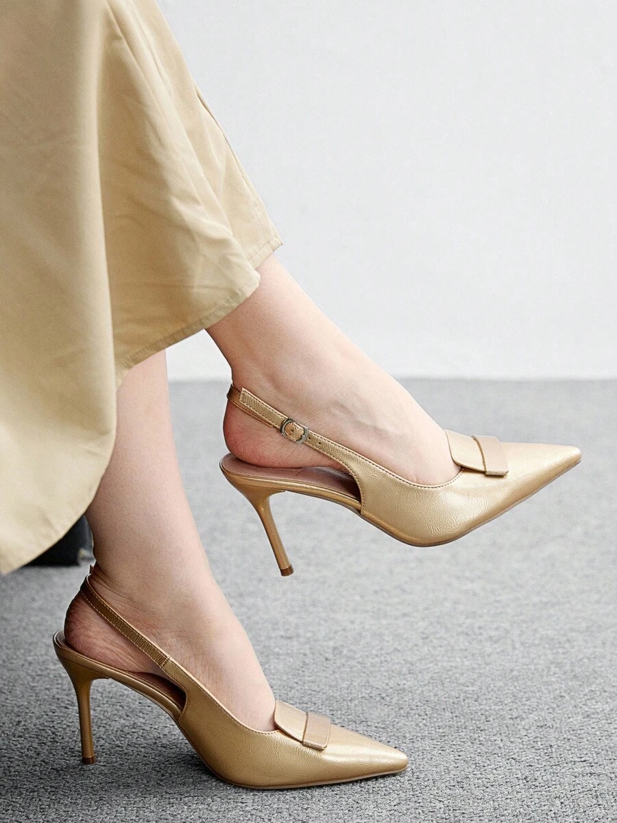 CUCCOO BIZCHIC 女士户外尖头细高跟鞋棕色 PU 皮革时尚简约舒适日常及派对搭扣带高跟鞋 - 金色 - 查看 1