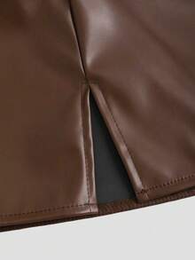 SHEIN PETITE 秋冬休闲A字喇叭PU皮迷你裙，娇小女性的时尚之选 - 棕色 - 查看 4