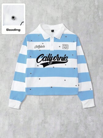 Street Life قميص بولو كاجوال للرجال مزين بخطوط وطباعة أرقام وخرز، مناسب للربيع والخريف