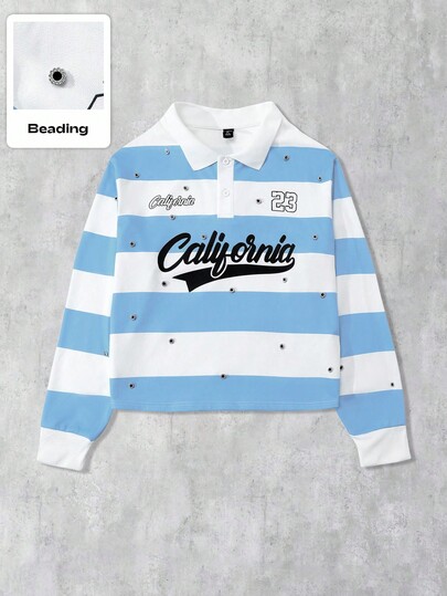 Street Life Men's Preppy Fashion Striped & Numeric Print Beading Detail Polo Shirt