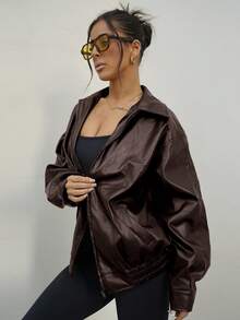 SAYEHFBABY Zip Up Drop Shoulder PU Thick Leather Jacket In Fall/Winter - Brown - View 5