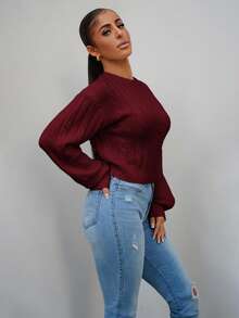 SAYEHFBABY Solid Color Crew Neck Cable Knit Casual Pullover Sweater,Long Sleeve Tops Knit Pullover Fall Winter Outfit - Burgundy - View 6