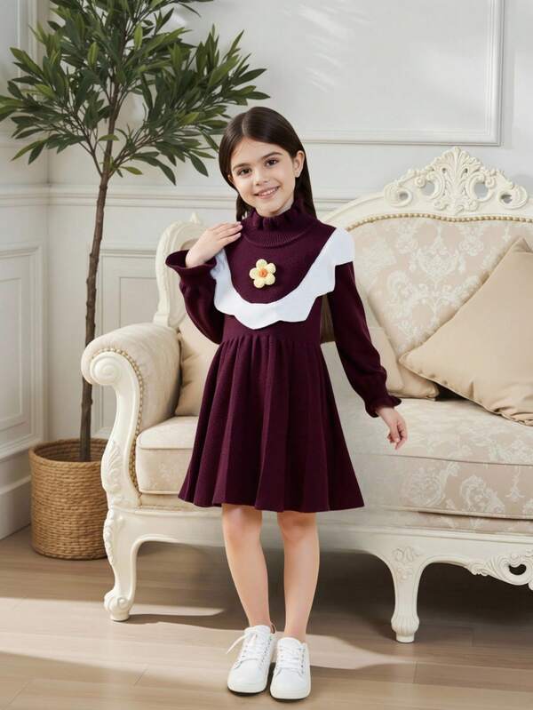 Vestido de suéter para niñas bebé, Otoño/Invierno 2025, Vestido de princesa de punto con flores 3D, Adecuado para primavera, otoño, invierno, uso casual, reuniones familiares, viajes al aire libre, juegos interiores y exteriores