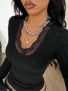 Coolane Women's Fall/Winter Y2K Daily Wear Casual Elegant Rib Knit Lace Patchwork Stretchy V-Neck Long Sleeve T-Shirt - Black - View 3