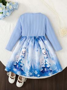 Elladie kids 1pc 女童长袖连衣裙 秋季新款 儿童装 蝴蝶结腰饰 圆领 数字定位 冰雪公主 卡通图案连衣裙 - 藍色 - 查看 2