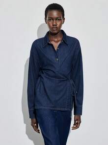 Maija 女士秋季长袖纽扣设计侧裹系带休闲牛仔衬衫 - 深色水洗藍 - 查看 7