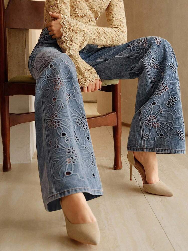 Women's Elegant Embroidered Hollow-Out Loose Straight-Leg Blue Denim Pants, Spring/Summer