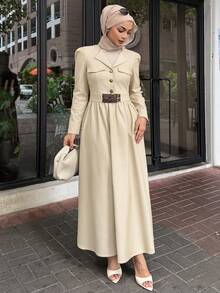 DAZY Vestido largo de unicolor elegante con cintura ceñida, adecuado para vestir de manera modesta para ir al trabajo - Albaricoque - Ver 1