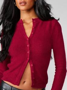 MISSGUIDED Women's Knitted Cardigan With Fringe Cuff Detail And Button Front Closure - Rose Red - View 6