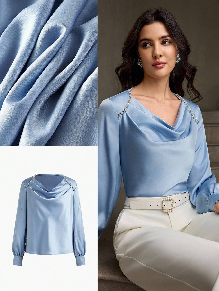 ZEYLAH Women's Elegant French Collar Faux Pearl Decor Solid Color Blouse - Purple - View 1