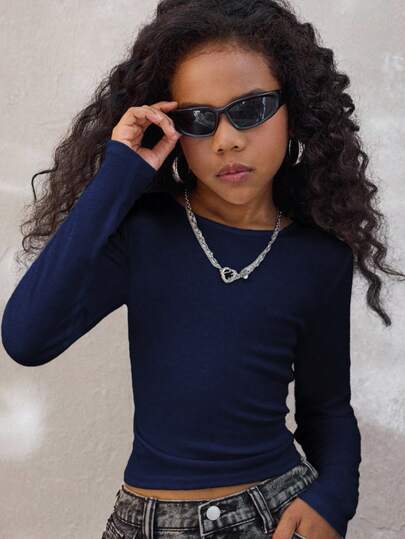 Coolane Tween Girls Winter/Fall Streetwear Basic Stretchy Comfortable Solid Ruched Side Crop Tee,Christmas .New Year,Party ,Chic,Warm