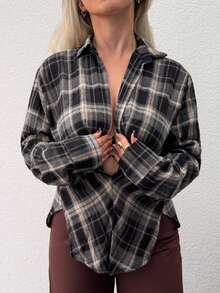 Jeta Ari Women's Plaid Ruffle Hem Long Sleeve Casual Side Split Hem Shirt - Light Grey - View 3