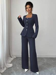 Elenzga Bộ đồ nữ 2 món vải cổ áo hình thang nút kim loại phía trước eo dáng chữ A viền túi xẻ tà áo sơ mi tay dài + quần ống đứng màu trơn thanh lịch công sở đi làm dạo phố thời trang thu đông đa năng công sở thường ngày lễ tạ ơn tiệc trà chiều trở lại trường - Màu xanh hải quân - Xem 7