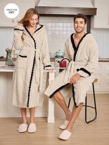 CoupledUp Men's Contrast Color Pom Pom Hooded Jacquard Fleece Bathrobe Fluffy Cozy Winter Bathrobe For Women Robe Bath Robes Sleep Robe His And Hers Robes - Apricot - View 3