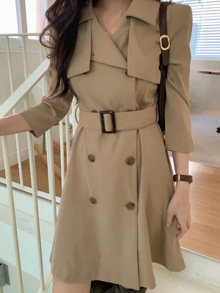 Women's Long Dress With Lapel, Shoulder Buttons, Double-Breasted Windbreaker Design Summer Women Dresses