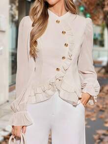 Amorya Women's Elegant Mandarin Collar Ruffle Hem Fitted Blouse,Light Beige Long Sleeve Button Detail Top For Autumn,Office,Modest Cozy Fall Winter Clothes - Apricot - View 11