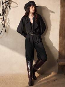 Zovinel 黑色金属扣极简宽松休闲衬衫，适合通勤、秋冬季穿着 - 黑色 - 查看 5