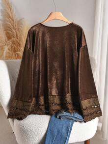 CosyJoli Camisa tipo cardigan de talla grande con lazo, parche de encaje y terciopelo - Marrón - Ver 2