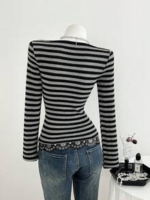 SHEIN Unity 女士优雅条纹长袖T恤，百搭休闲日常穿着，秋冬款 - 彩色 - 查看 2