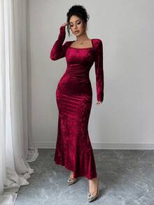 Elenzga 女士高领丝绒金色弹力针织修身连衣裙，优雅褶皱腰身鱼尾下摆，适合工作、约会、派对等场合，长袖，及地长款，秋冬季 - 酒紅色 - 查看 7