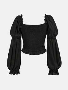 SHEIN Girlism Teen Girl Black Casual Versatile Square Neck Off-Shoulder Pleated Puff Sleeve Spring/Summer New Short Blouse Cute Black Tops Black Girls Top - Black - View 2