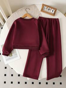 Genkimix Kids 两件套女童时尚灰色圆领长袖上衣和阔腿裤，饰有蝴蝶结，秋冬季 - 酒紅色 - 查看 2