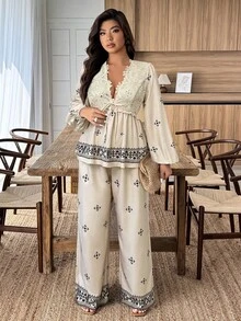 Breezaya Setelan 2 Potong Ukuran Besar dengan Motif Renda Leher V Lengan Panjang, Musim Gugur/Dingin - MultiWarna - View 3