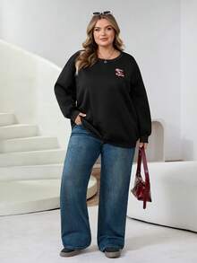 SHEIN CURVE+ Plus Size Casual Simple Cherry Embroidery Pattern Round Neck Long Sleeved Loose Women's Sweatshirt - Black - View 6