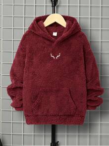 SHEIN Boys' Casual Embroidered Double-Sided Fleece Hooded Pullover Sweatshirt - Red - View 3