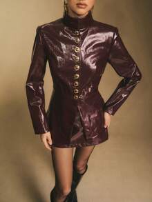 Poéselle 女士红色立领长袖单排扣时尚PU皮夹克，女士冬季外套，圣诞派对，奢华优雅，新年装扮，适合日常穿着、派对、外出、通勤、秋冬季 - 酒紅色 - 查看 5