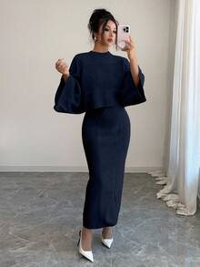 Elenzga Yellow Long Sleeve Top And Straight Skirt 2 Pieces Set, Elegant And Suitable For Party, Commute In Autumn/Winter - Navy Blue - View 5