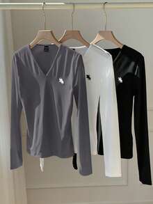 Comfortcana Set de 3 camisetas de punto de manga larga con cuello en V para mujer, paquete de 3 tops multicolor de manga larga, camiseta con estampado de estrella - Gris - Ver 3