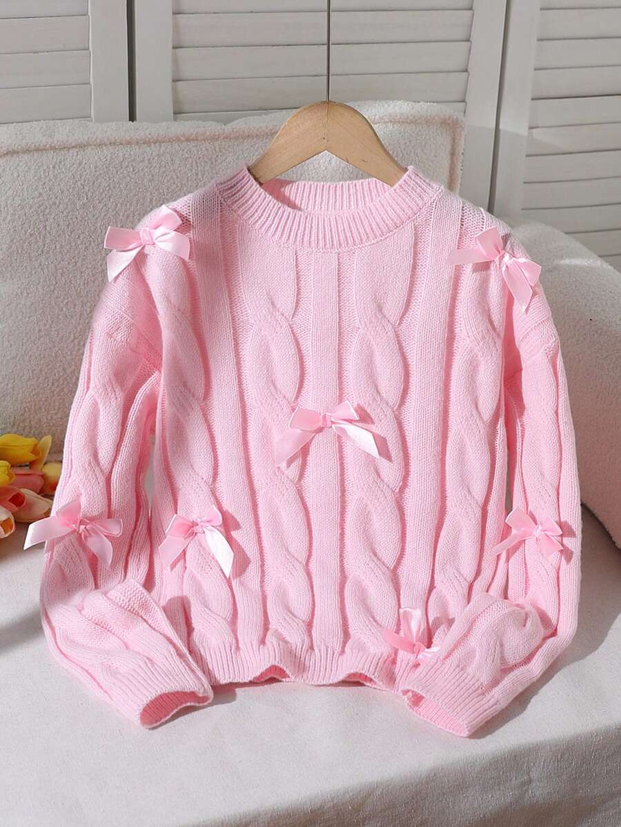 Sparklyn Girls' Elegant Cute Sweet Round Neck Pullover Chunky Knit Sweater, Pink With Bow Detail, Suitable For Autumn/Winter