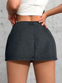 SHEIN ICON Váy mini denim nữ cỡ lớn, trang phục cao bồi cho mùa hè - Màu xám đen - Xem 2