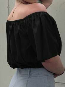 Jeta Ari Women Solid Color Off Shoulder V-Neck Cinching Waist Blouse,Short Sleeve Tops - Black - View 8