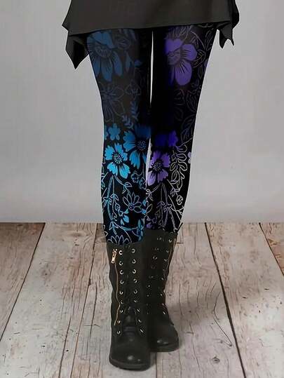 EMERY ROSE Women's Pants Leggings Cozy Leggings Streetwear Casual Full Length High Waist Floral Elastic Waist Print Breathability Comfortable Stretchy Vacation Street Daily Wear Blue Spring Fall