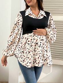 SHEIN Printed Zip Nursing Casual Snap Button Blouse For Women - Apricot - View 1