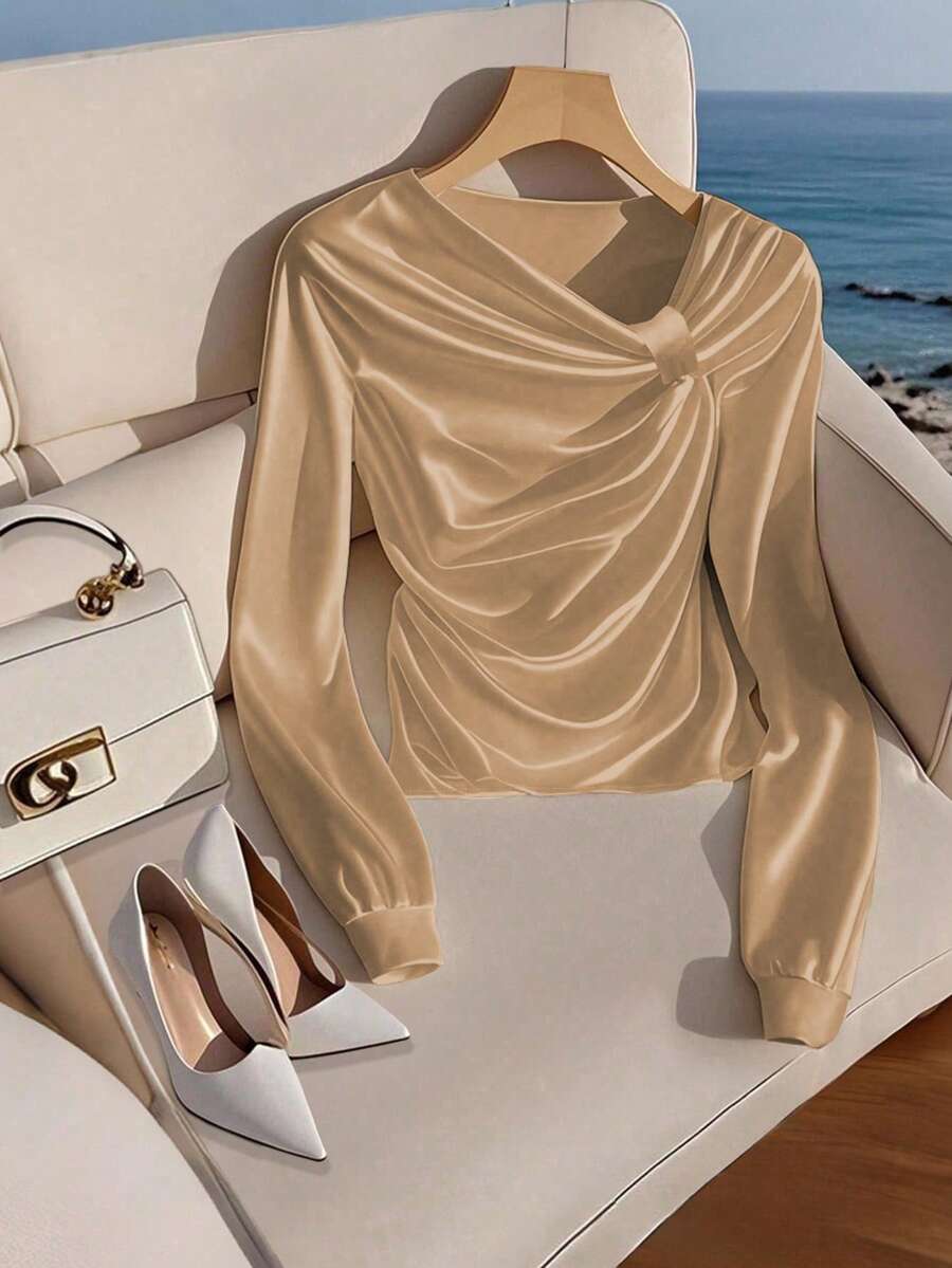 Franclia Women's Casual Poplin Shirt, Asymmetrical Collar Blouse - Champagne - View 1