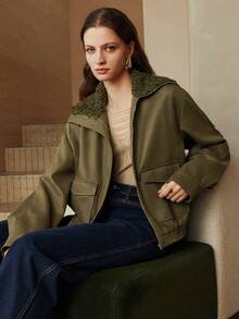 EMERY ROSE Áo khoác đi làm thường ngày bằng da giả có túi khóa kéo dành cho nữ - xanh quân đội - Xem 3