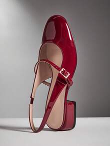 SHUZIA #巴黎风情 女士法式优雅方头粗跟漆皮酒红色露跟高跟鞋——简约别致，永恒优雅，充满女人味。 - 酒紅色 - 查看 5