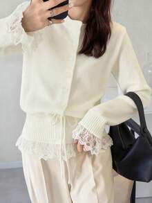 FRIFUL Women's Round Neck Loose Hem & Cuff Lace Patchwork Drawstring Solid Color Casual Cardigan - Beige - View 4