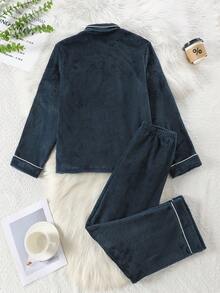 2pcs Teenage Boys' Plush Plush Deep Blue Casual Comfortable Lapel Collar Cardigan Long Sleeve Top And Pants Loungewear Set - Blue - View 2