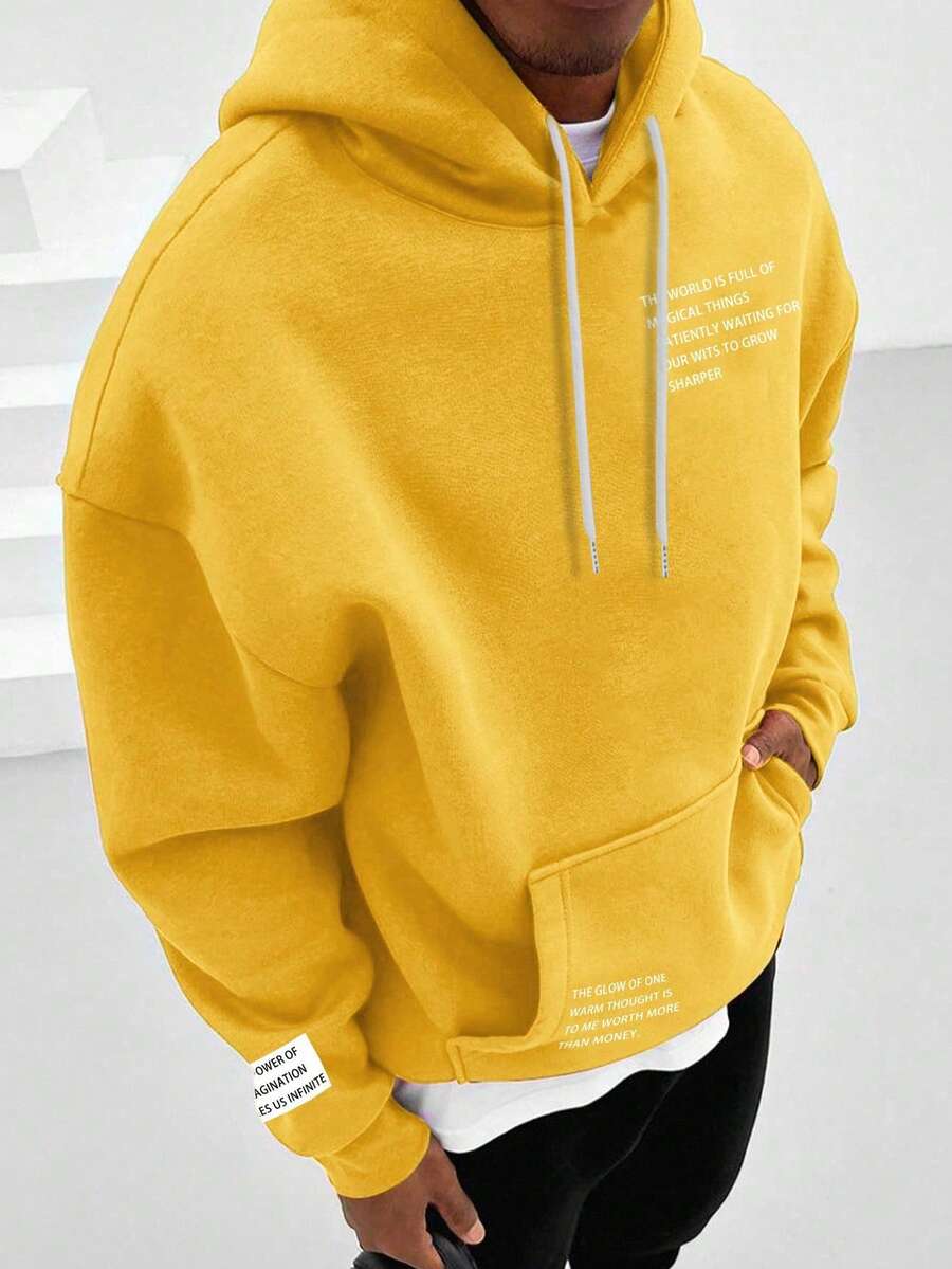 Manfinity Homme Loose Fit Men's Slogan Graphic Pocket Drop Shoulder Yellow Baggy Streetwear Hoodie, Fall, Long Sleeve Top - Yellow - View 1