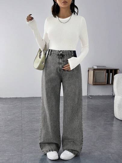SHEIN 孕妇休闲宽松高腰阔腿牛仔裤