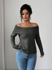 Elenzga Sexy American Style Collared Off Shoulder Fitted Knit Long Sleeve Top, High-End Niche Design For Autumn/Winter - Black - View 6