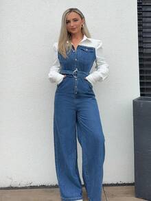 Jeta Ari 女士蓝色连体裤二合一套装 配有腰带 阔腿裤 春夏连体裤 - 中等水洗藍 - 查看 5